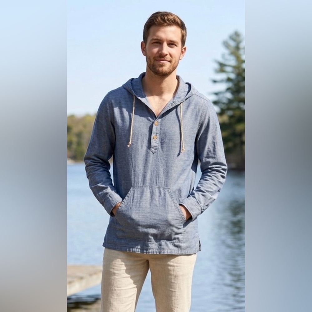 J Crew Long Sleeved 100% Cotton Hooded Shirt Heather Grey Unisex Size Small